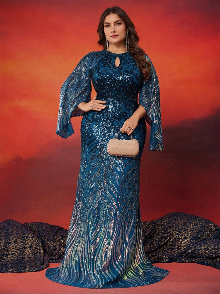 Long Sleeve Blue Sequin Evening Dress – Luxury Formal Floor-Length Gown