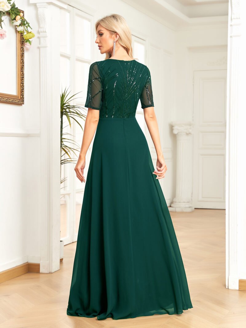 Short Sleeve Sequin Formal Evening Dress – Black Chiffon Mermaid Gown for Prom & Weddings