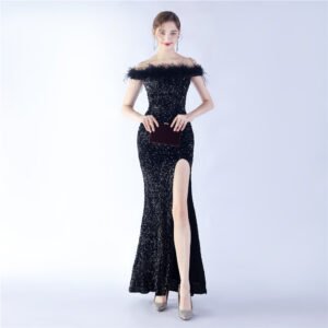 Elegant Evening Party Dress For New Year Luxury Women's Ball Gown Ostrich Feather Maxi Dresses