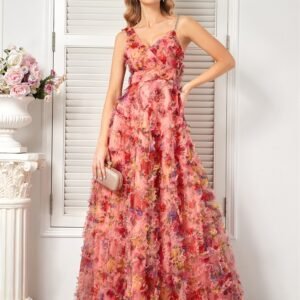 Elegant Pink Floral V-Neck Evening Dress – Floor-Length Bridesmaid & Prom Gown