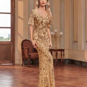 Plus Size Elegant V-Neck Sequin Evening Dress – Short Sleeve Mermaid Formal Gown for Prom & Parties