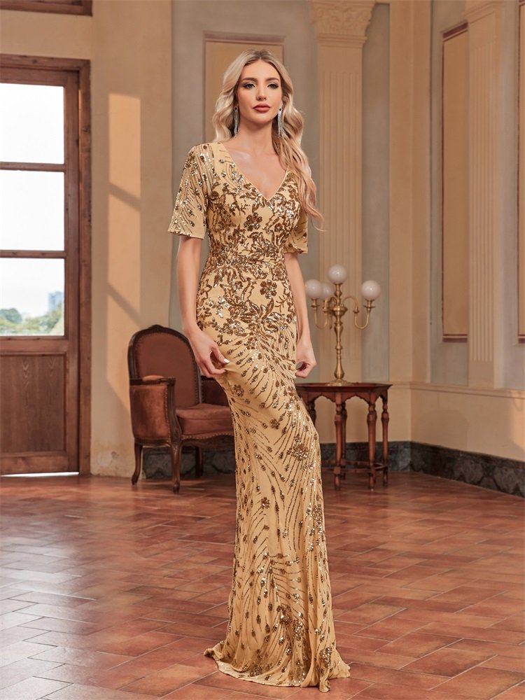Plus Size Elegant V-Neck Sequin Evening Dress – Short Sleeve Mermaid Formal Gown for Prom & Parties