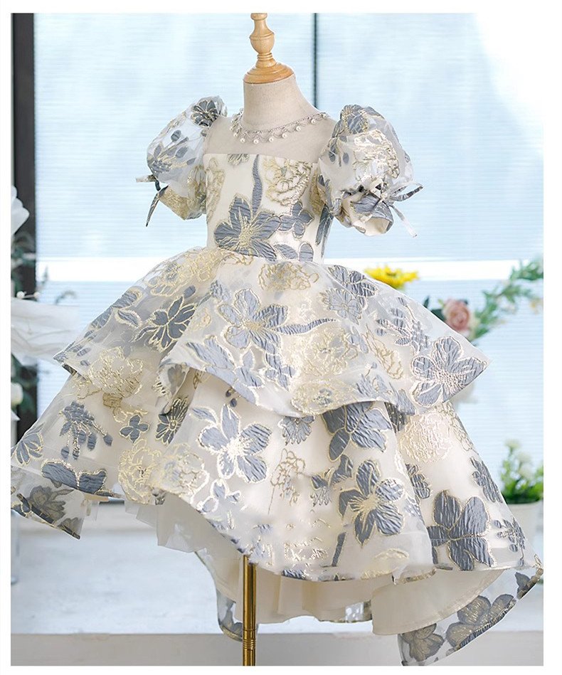Flower Princess Dress with Bubble Sleeves – Elegant Kids Dress for Special Occasions