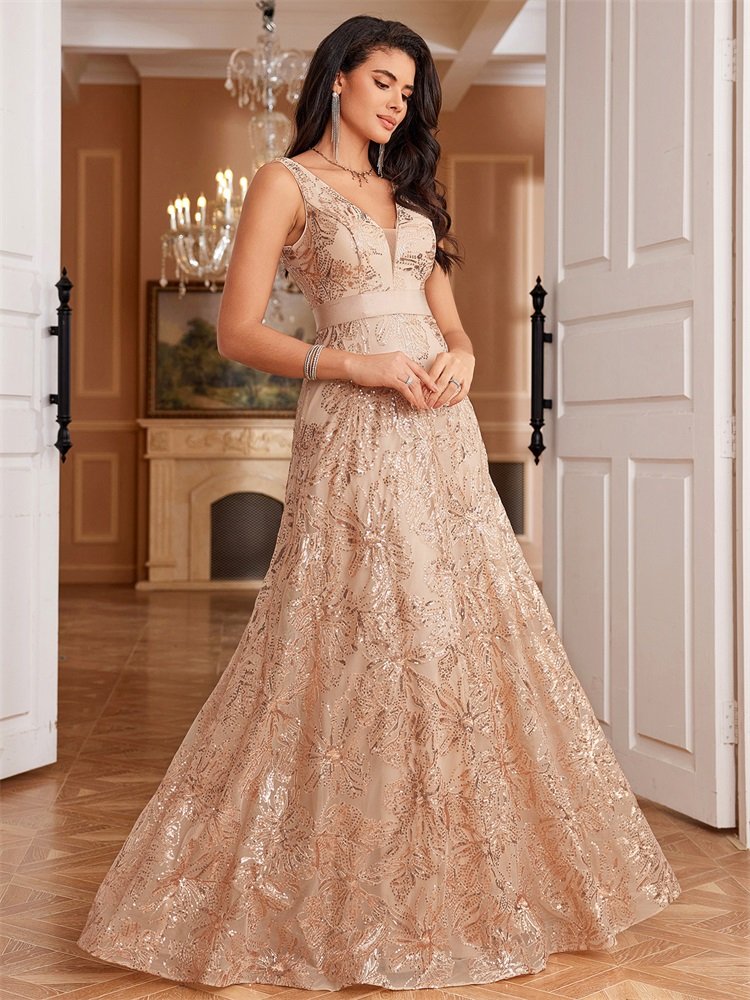 Sexy Deep V-Neck Sequin Evening Dress – Glamorous Formal Gown for Special Occasions