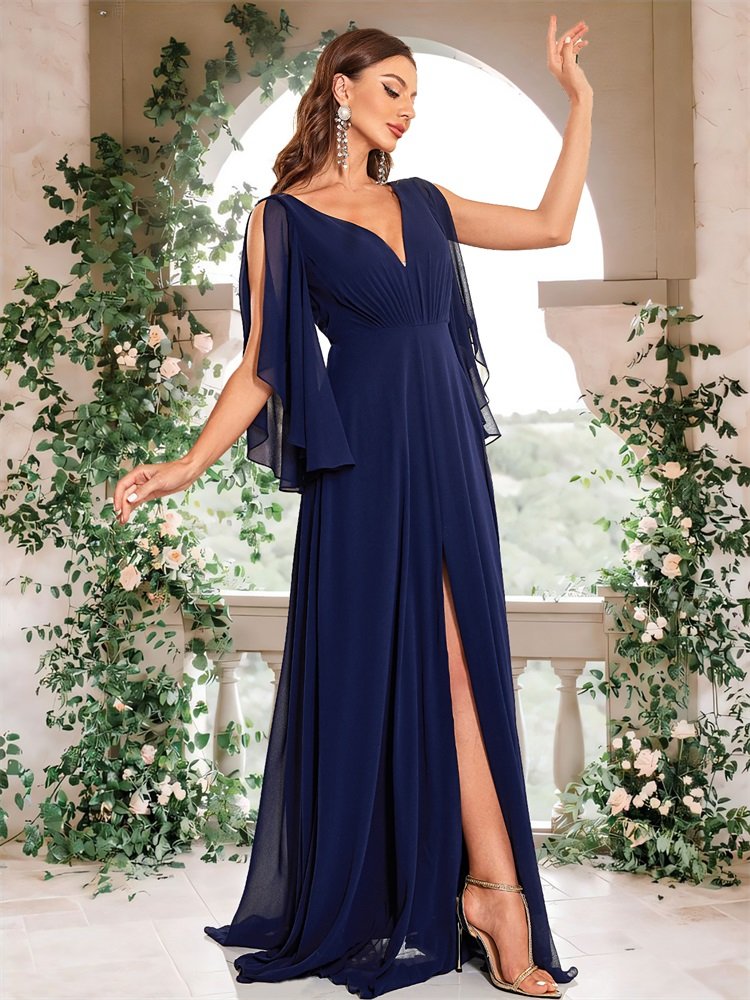 Luxury Chiffon Long Sleeve Navy Evening Dress – Sexy High Split V-Back Formal Gown