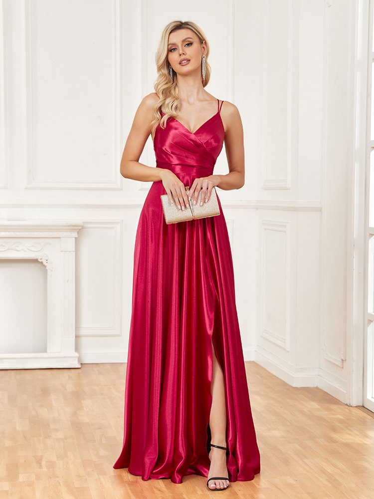 Luxury V-Neck Satin Sleeveless Blue Formal Evening Dress – Elegant & Sophisticated Gown