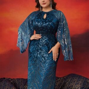 Long Sleeve Blue Sequin Evening Dress – Luxury Formal Floor-Length Gown