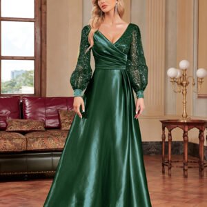 Plus Size Gold V-Neck Sequin Evening Dress – Elegant Long Sleeve Maxi Gown for Parties & Prom