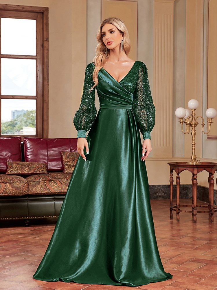 Plus Size Gold V-Neck Sequin Evening Dress – Elegant Long Sleeve Maxi Gown for Parties & Prom