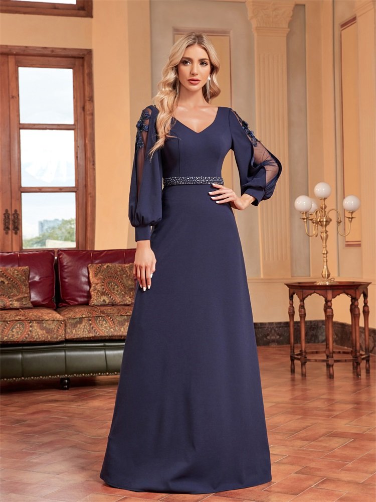Luxury Long Sleeve Floor-Length Evening Dress – Elegant V-Neck Formal Gown for Prom & Parties