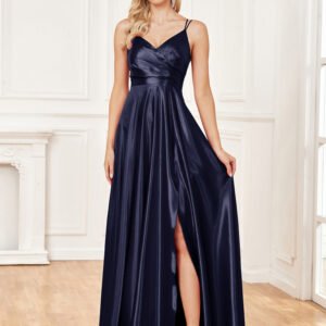 Luxury V-Neck Satin Sleeveless Blue Formal Evening Dress – Elegant & Sophisticated Gown