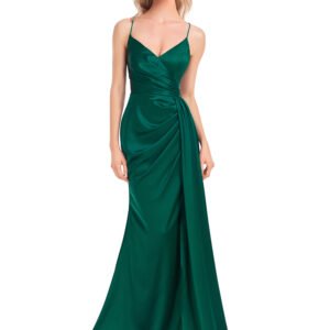 Navy Blue Women’s Party Maxi Dress – Soft Satin V-Neck with Slit for Elegant Evenings