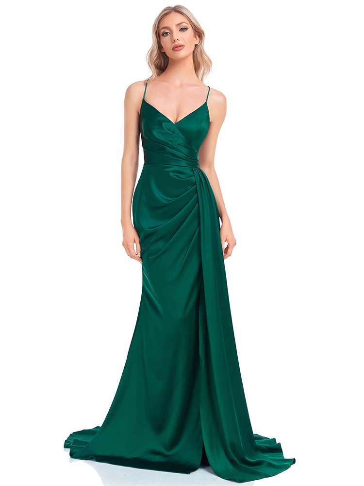 Navy Blue Women’s Party Maxi Dress – Soft Satin V-Neck with Slit for Elegant Evenings