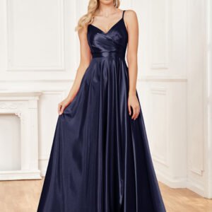 Luxury V-Neck Satin Sleeveless Blue Formal Evening Dress – Elegant & Sophisticated Gown