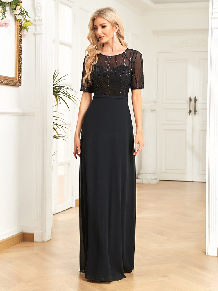 Short Sleeve Sequin Formal Evening Dress – Black Chiffon Mermaid Gown for Prom & Weddings