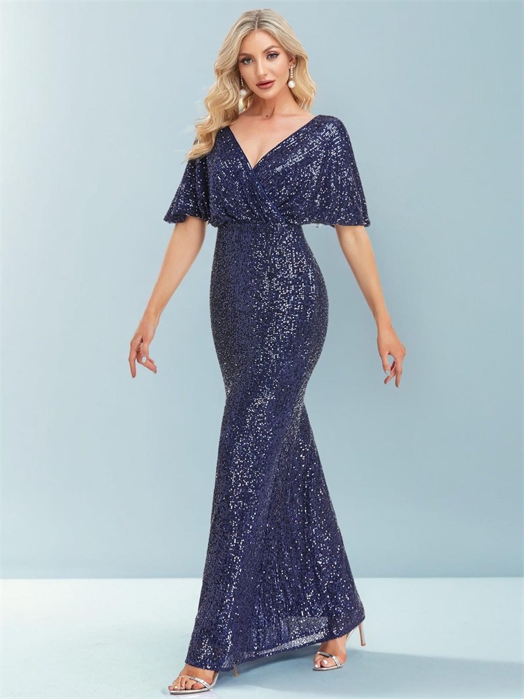 Women Elegant V-Neck Luxury Evening Dress – Sexy Sequin Formal Gown for Parties & Prom