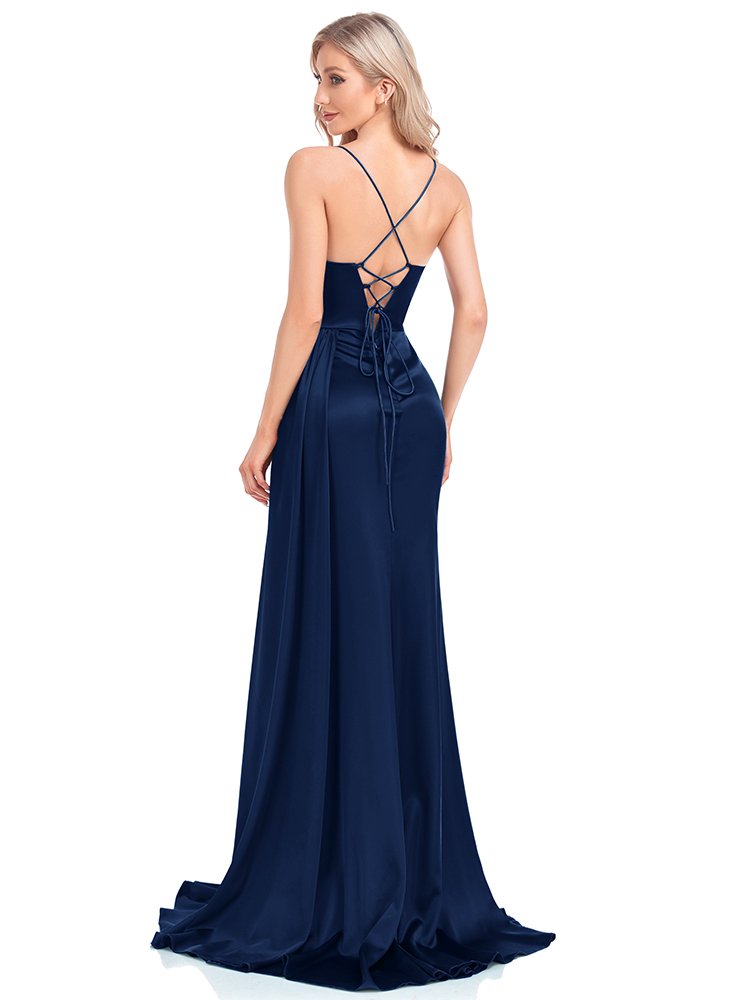 Navy Blue Women’s Party Maxi Dress – Soft Satin V-Neck with Slit for Elegant Evenings