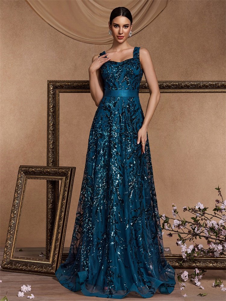Luxury Square Collar Blue Sequins Evening Dress – Elegant V-Back Gown for Women