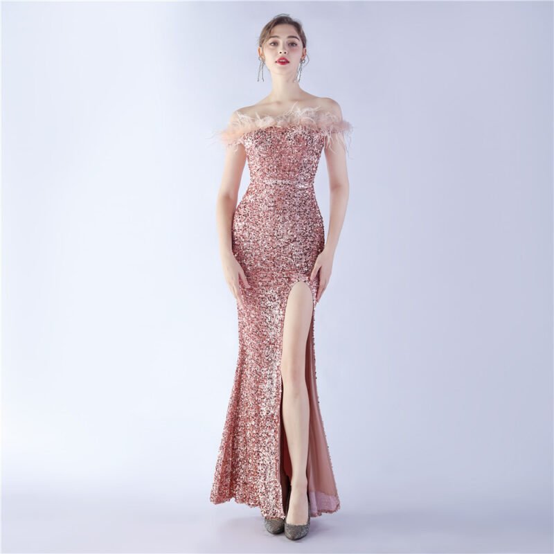 Elegant Evening Party Dress For New Year Luxury Women's Ball Gown Ostrich Feather Maxi Dresses