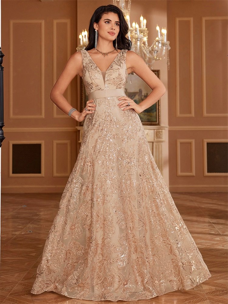 Sexy Deep V-Neck Sequin Evening Dress – Glamorous Formal Gown for Special Occasions