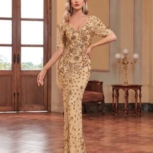 Plus Size Elegant V-Neck Sequin Evening Dress – Short Sleeve Mermaid Formal Gown for Prom & Parties