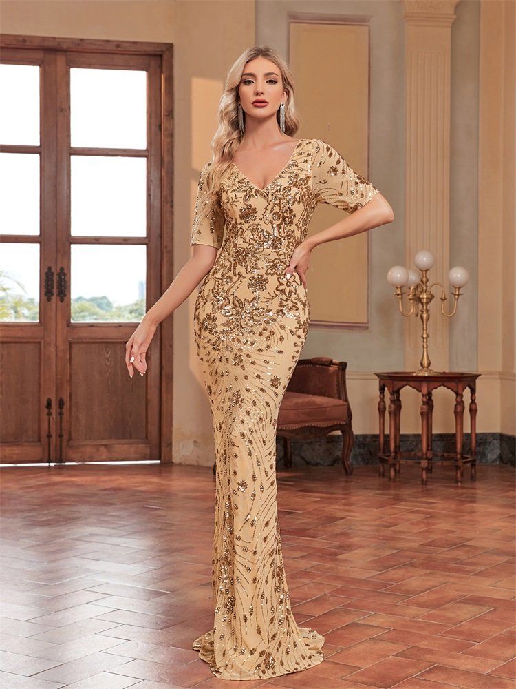 Plus Size Elegant V-Neck Sequin Evening Dress – Short Sleeve Mermaid Formal Gown for Prom & Parties
