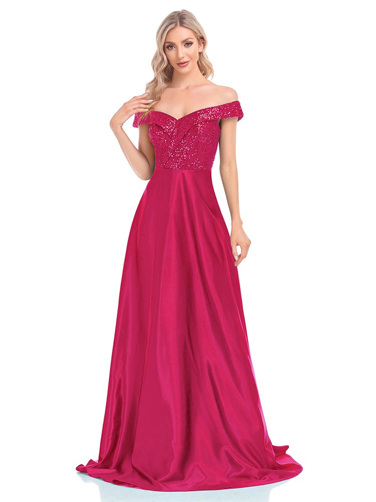 Sequin Royal Off-Shoulder Satin Party Dress – Elegant Prom & Cocktail Gown