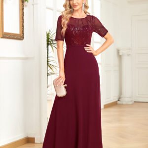 Short Sleeve Sequin Formal Evening Dress – Black Chiffon Mermaid Gown for Prom & Weddings