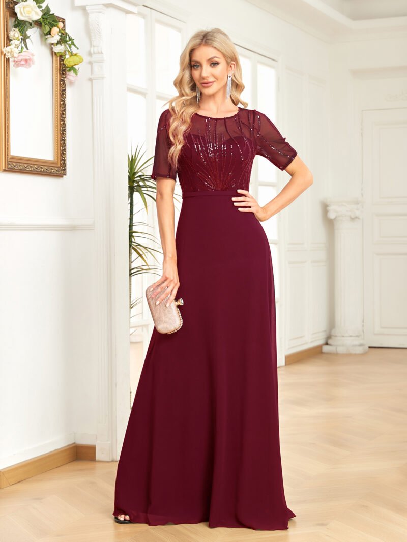 Short Sleeve Sequin Formal Evening Dress – Black Chiffon Mermaid Gown for Prom & Weddings