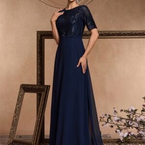 Short Sleeve Sequin Formal Evening Dress – Black Chiffon Mermaid Gown for Prom & Weddings