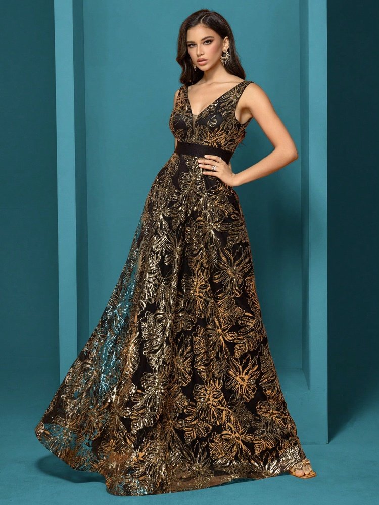 Sexy Deep V-Neck Sequin Evening Dress – Glamorous Formal Gown for Special Occasions