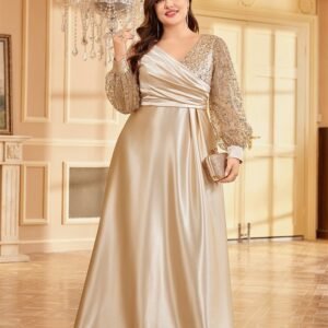 Plus Size Gold V-Neck Sequin Evening Dress – Elegant Long Sleeve Maxi Gown for Parties & Prom