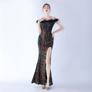 Elegant Evening Party Dress For New Year Luxury Women's Ball Gown Ostrich Feather Maxi Dresses