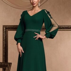 Luxury Long Sleeve Floor-Length Evening Dress – Elegant V-Neck Formal Gown for Prom & Parties