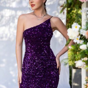 Sexy Solid Color Sequin One-Shoulder Sleeveless Bodycon Evening Dress