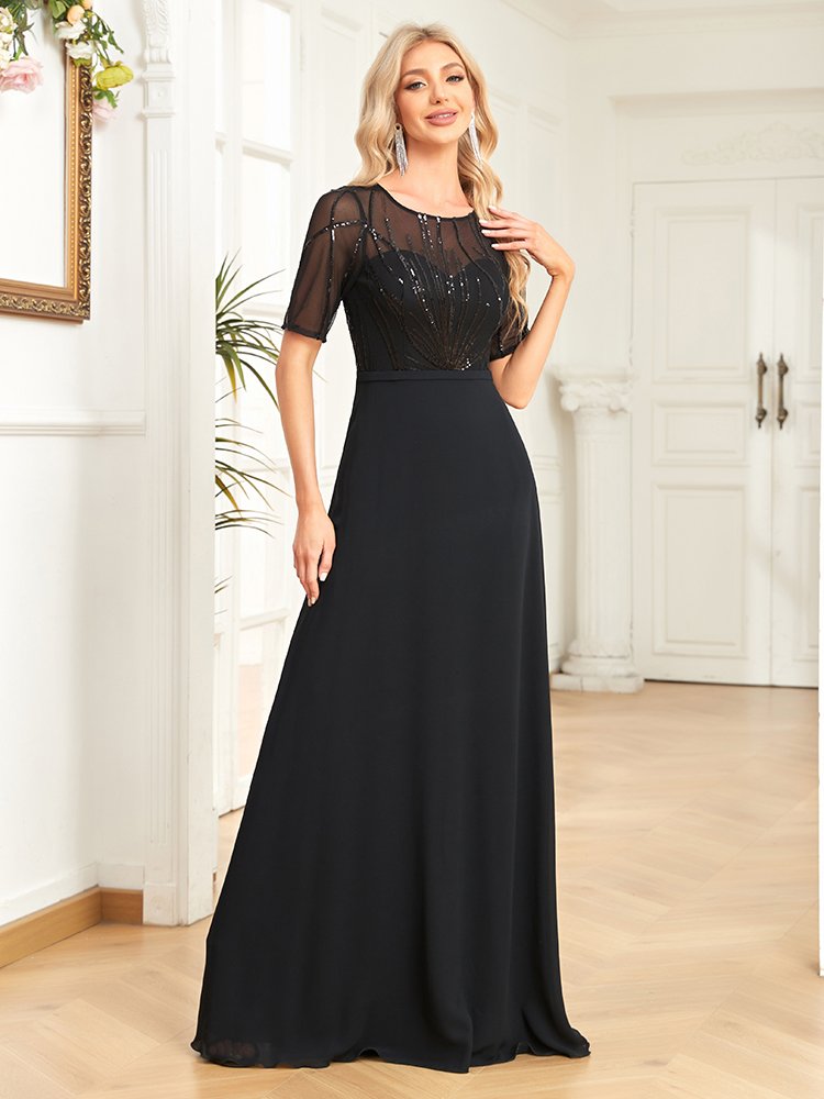 Short Sleeve Sequin Formal Evening Dress – Black Chiffon Mermaid Gown for Prom & Weddings