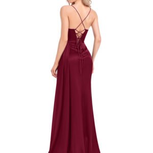 Navy Blue Women’s Party Maxi Dress – Soft Satin V-Neck with Slit for Elegant Evenings