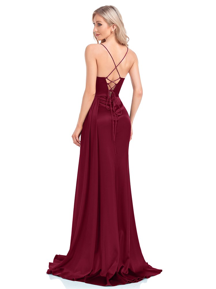 Navy Blue Women’s Party Maxi Dress – Soft Satin V-Neck with Slit for Elegant Evenings