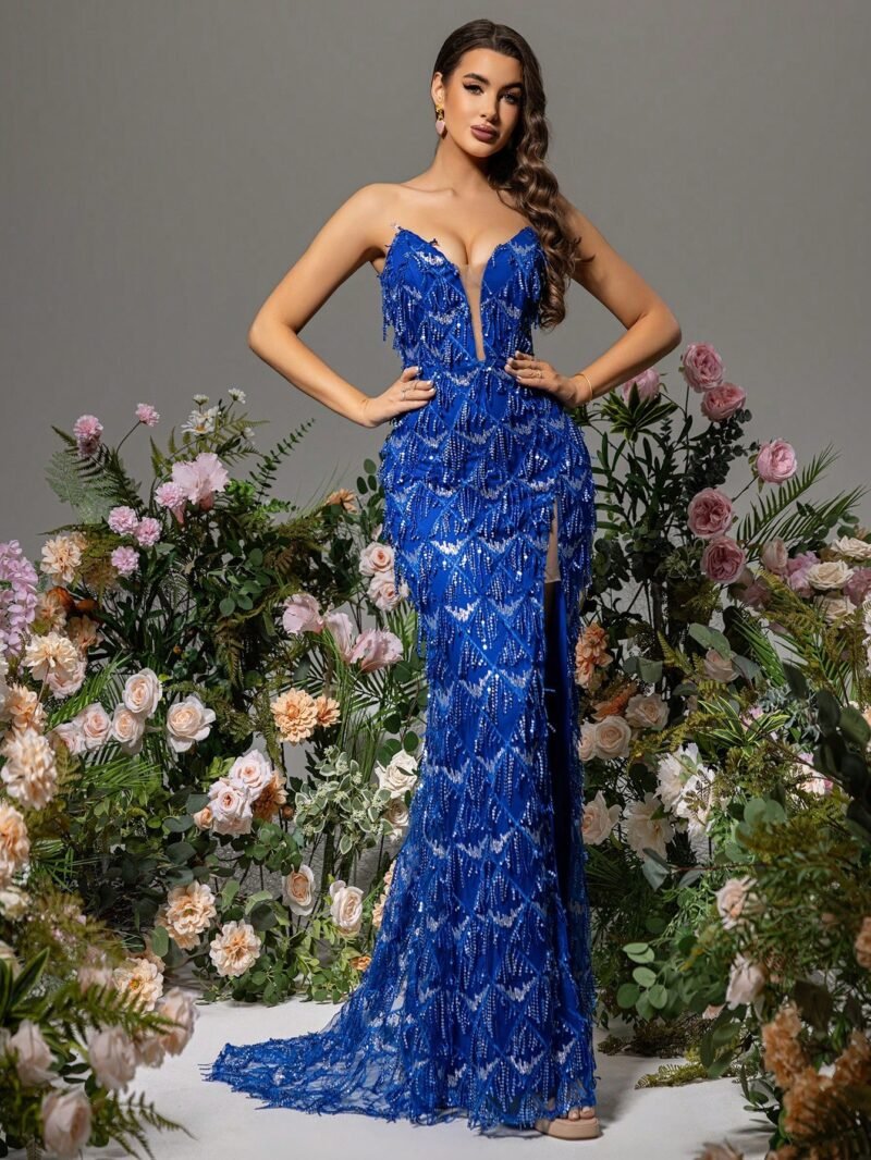 Sexy V-Neck Strapless High Slit Blue Sequin Evening Maxi Dress - Glamorous & Elegant