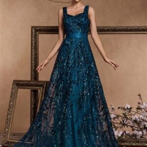 Luxury Square Collar Blue Sequins Evening Dress – Elegant V-Back Gown for Women