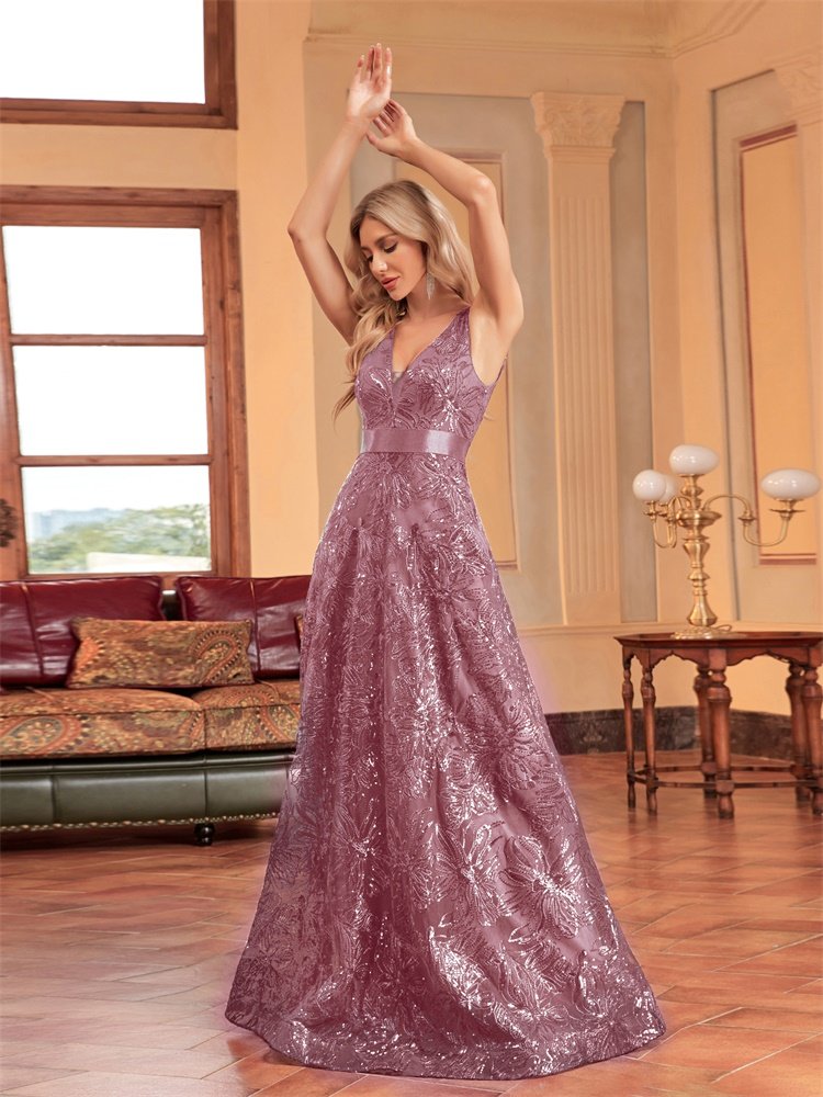 Sexy Deep V-Neck Sequin Evening Dress – Glamorous Formal Gown for Special Occasions