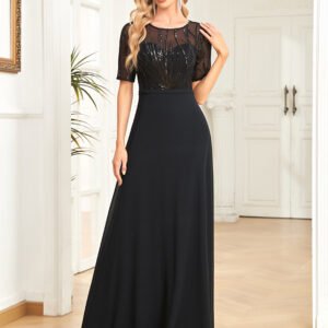 Short Sleeve Sequin Formal Evening Dress – Black Chiffon Mermaid Gown for Prom & Weddings