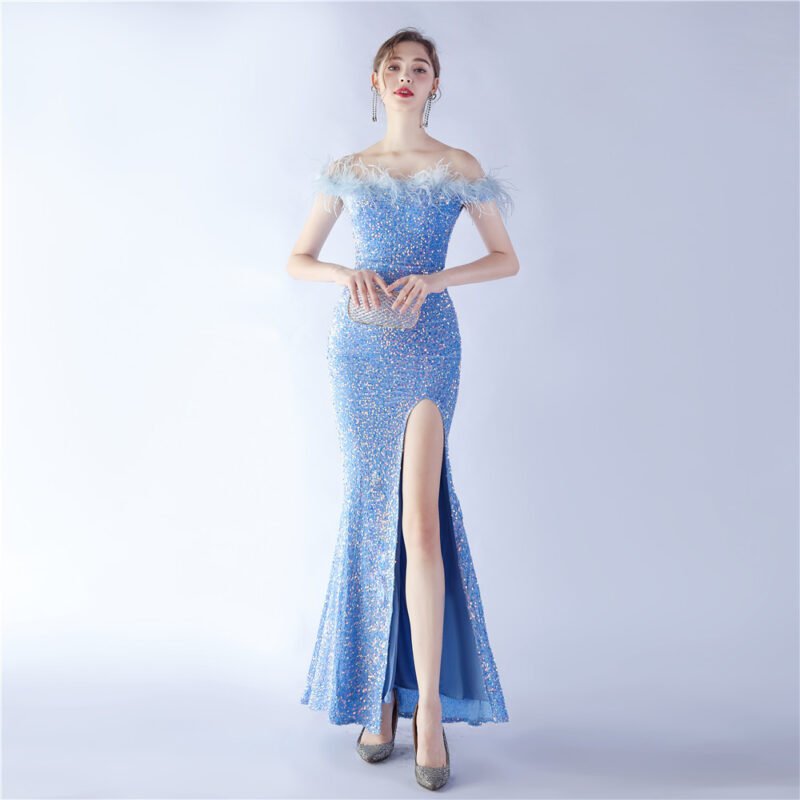 Elegant Evening Party Dress For New Year Luxury Women's Ball Gown Ostrich Feather Maxi Dresses