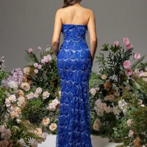 Sexy V-Neck Strapless High Slit Blue Sequin Evening Maxi Dress - Glamorous & Elegant