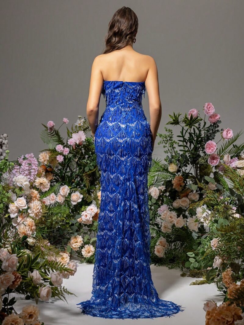 Sexy V-Neck Strapless High Slit Blue Sequin Evening Maxi Dress - Glamorous & Elegant