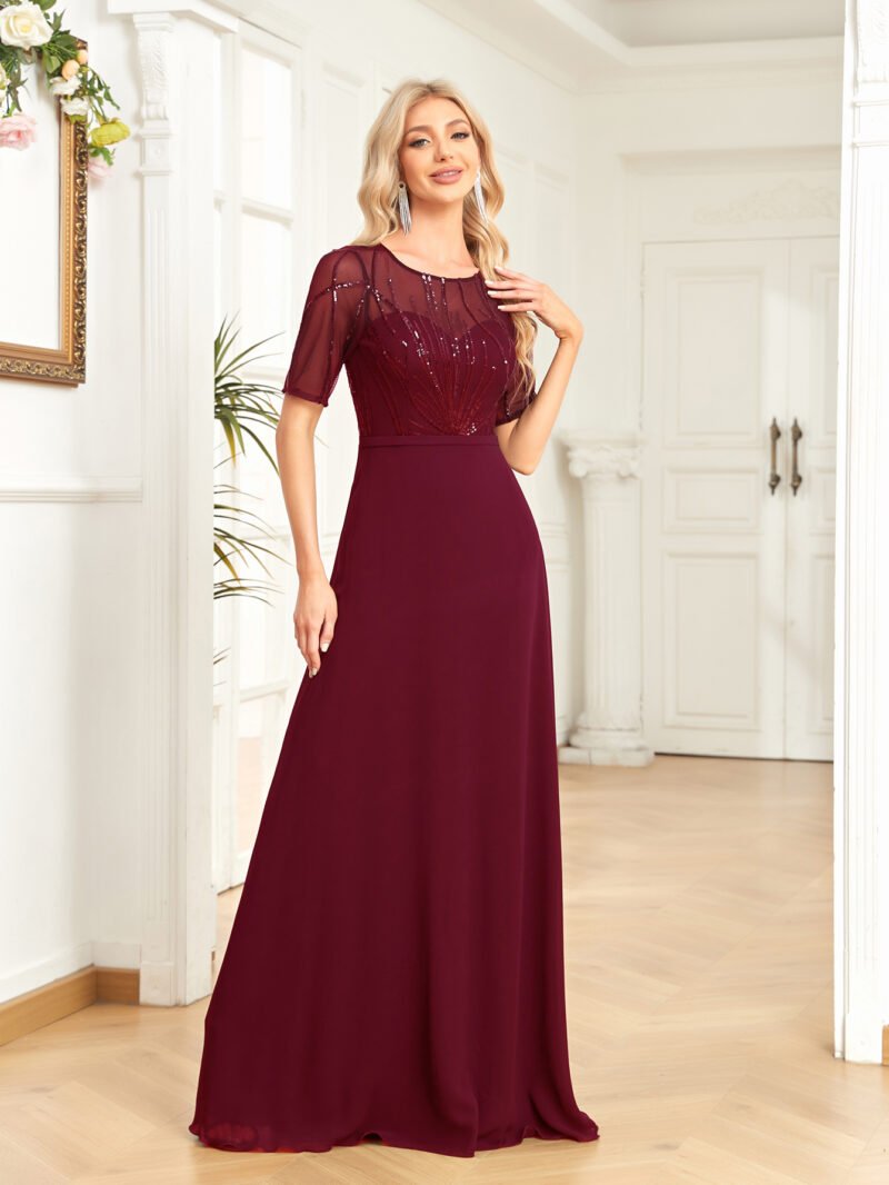 Short Sleeve Sequin Formal Evening Dress – Black Chiffon Mermaid Gown for Prom & Weddings