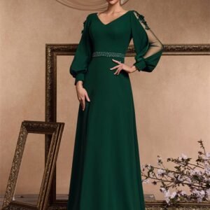 Luxury Long Sleeve Floor-Length Evening Dress – Elegant V-Neck Formal Gown for Prom & Parties