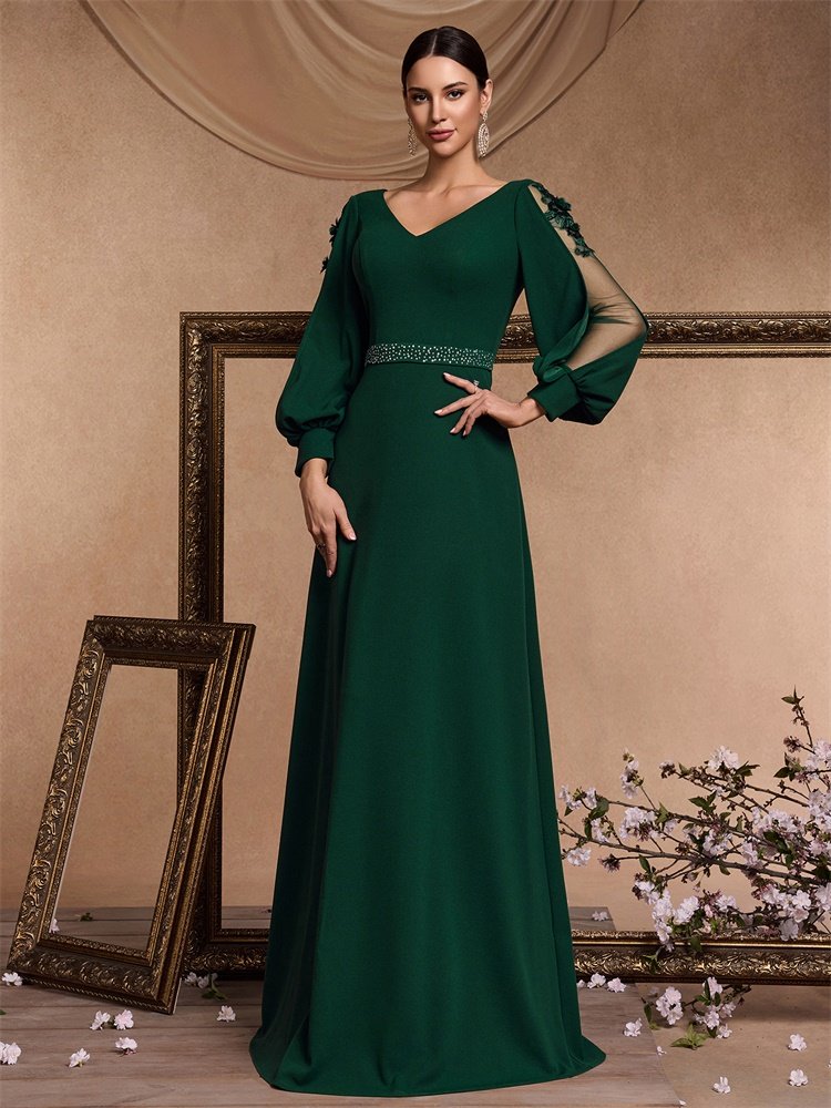 Luxury Long Sleeve Floor-Length Evening Dress – Elegant V-Neck Formal Gown for Prom & Parties
