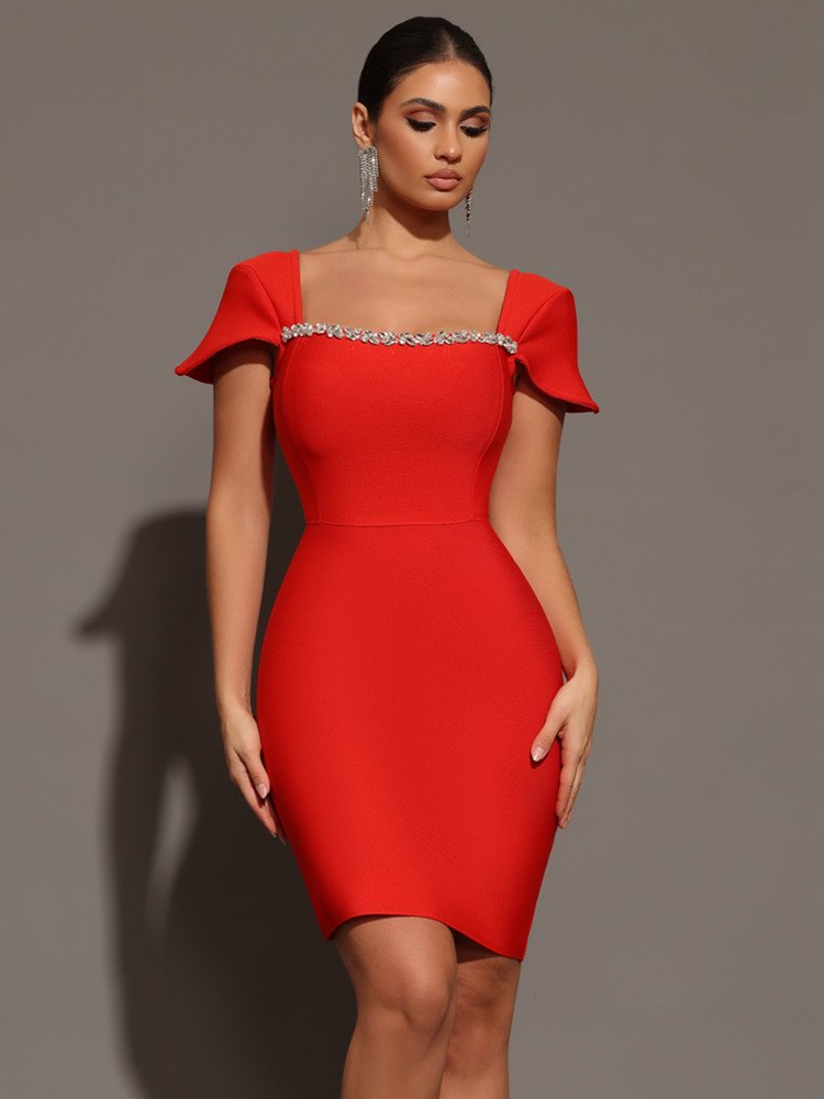 Sexy Square Collar Bodycon Bandage Dress – Black & Red Mini Evening Outfit