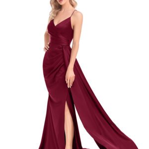 Navy Blue Women’s Party Maxi Dress – Soft Satin V-Neck with Slit for Elegant Evenings